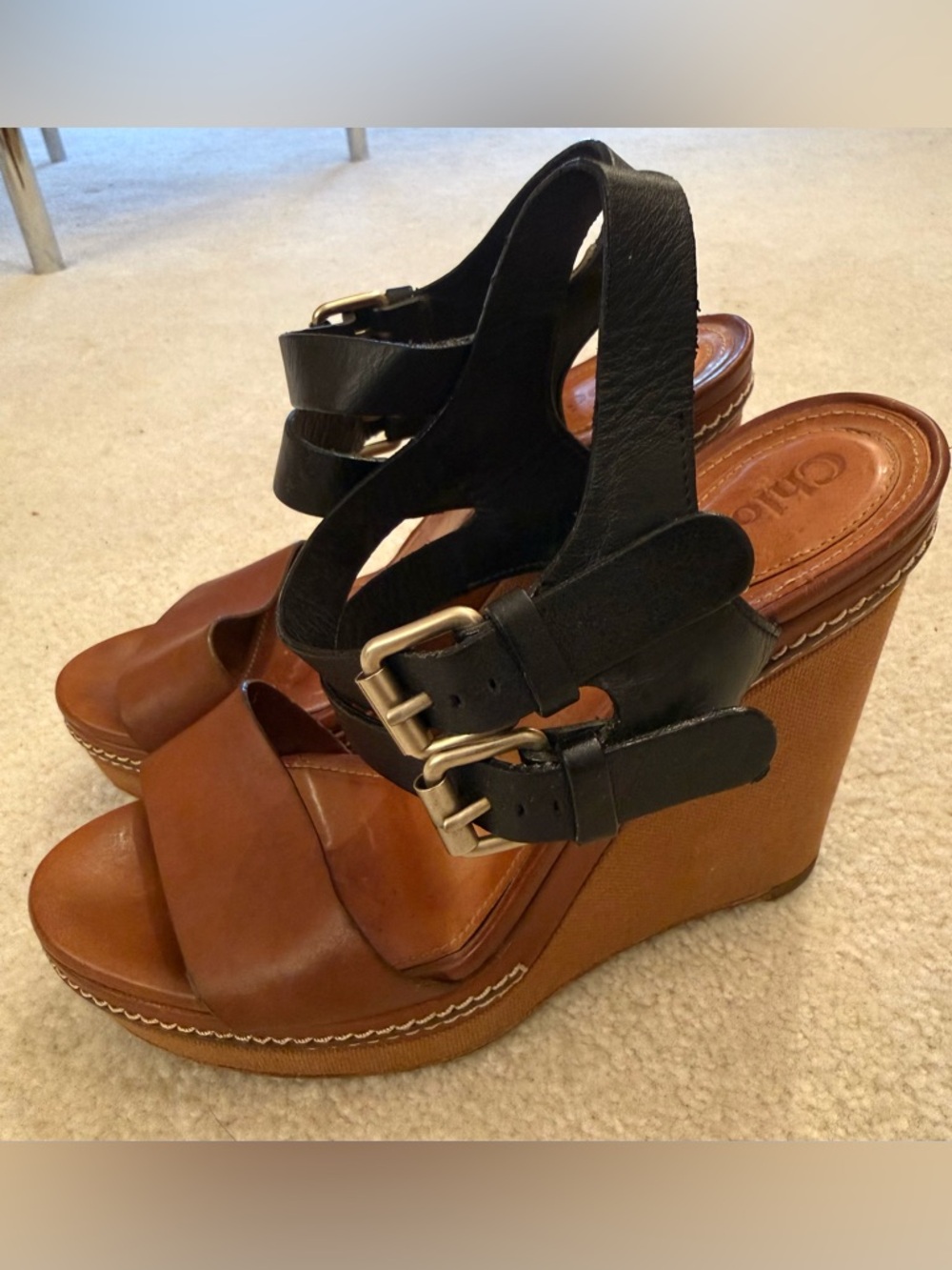 Chloe Two-Tone Leather Wedge Sandals in Brown and Black EU 38 / US 6.5-7